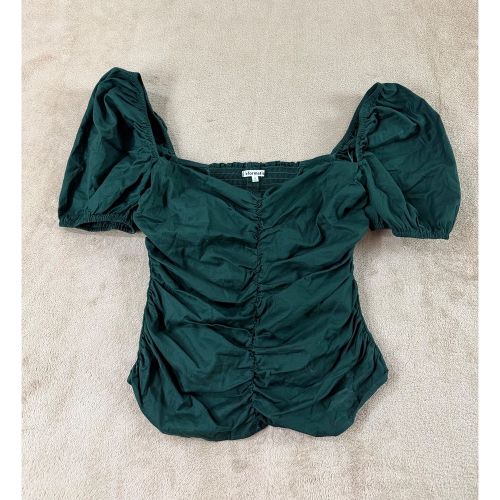 Reformation Radish Puff Sleeve Top Women Size 4 Green Ruched Top Zip Up Back EUC